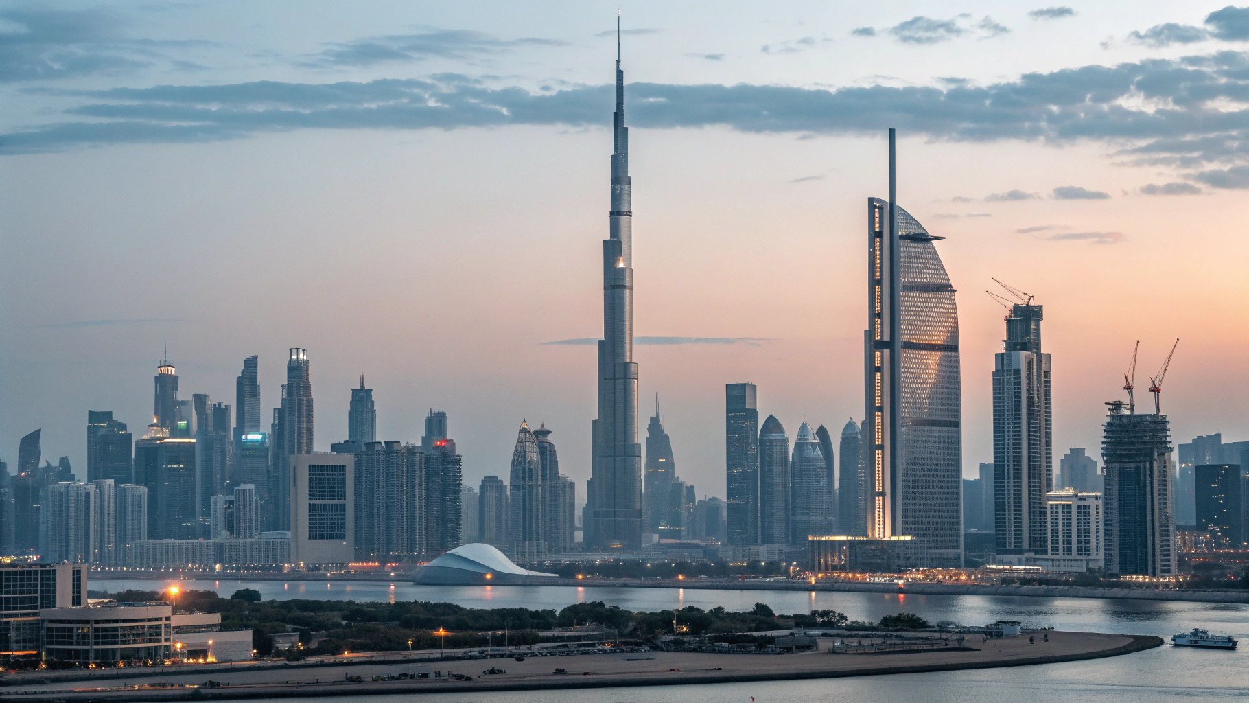 Dubai commercial architecture and skyline at dusk